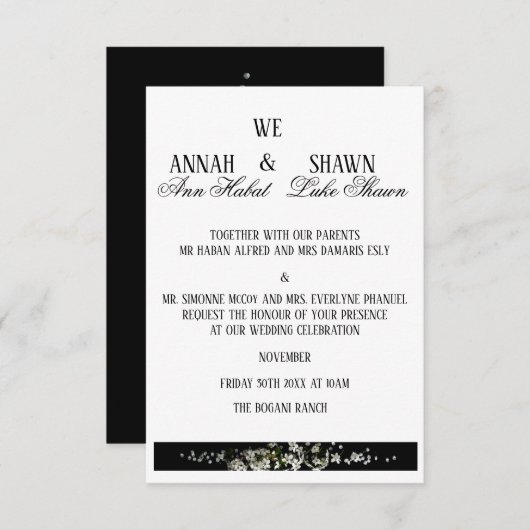 Modern Black and White Floral Wedding Invitation Einladung (Vorne/Hinten)