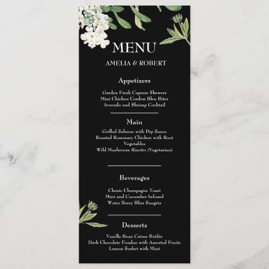 Modern Black and White Floral Wedding Menu Card Menükarte (Vorderseite)