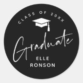 Modern Black and White Graduation Return Address Runder Aufkleber (Vorderseite)