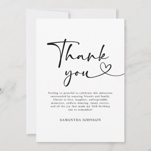Modern Black and White Hello 30th Birthday Dankeskarte (Vorderseite)