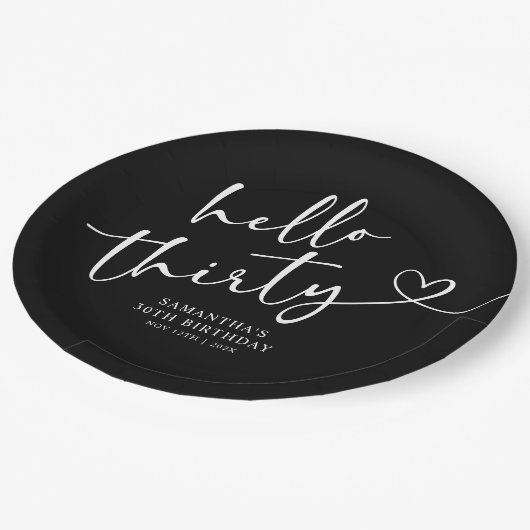 Modern Black and White Hello 30th Birthday Pappteller (Schrägansicht)