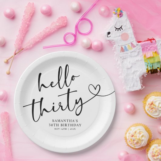 Modern Black and White Hello 30th Birthday Pappteller (Party)