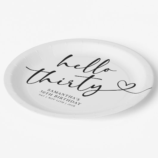 Modern Black and White Hello 30th Birthday Pappteller (Schrägansicht)