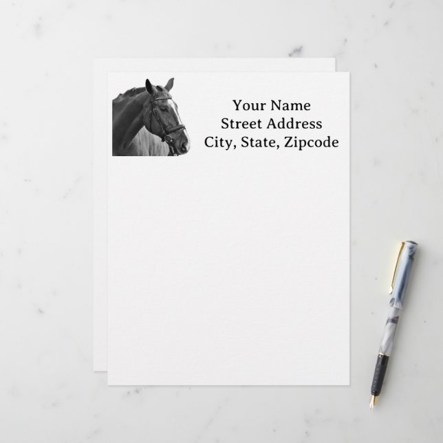 Modern Black and White Horse Briefbogen (Vorderseite/Rückseite Beispiel)
