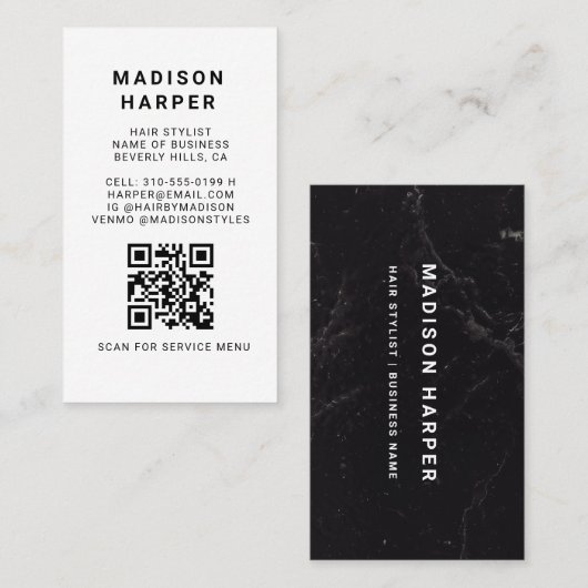 Modern Black and White Marble QR Code Business Visitenkarte (Vorne/Hinten)
