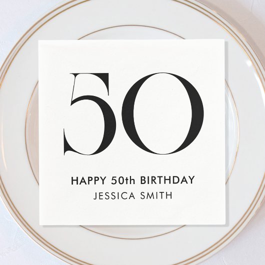 Modern Black and White Minimalist 50th Birthday Serviette