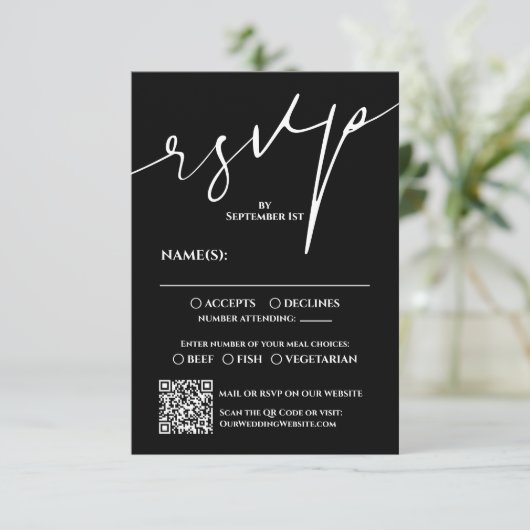 Modern Black and White QR Code Wedding RSVP (Stehend Vorderseite)