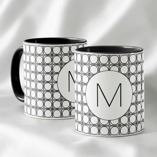 Modern Black and White Rattan Pattern Monogram Tasse