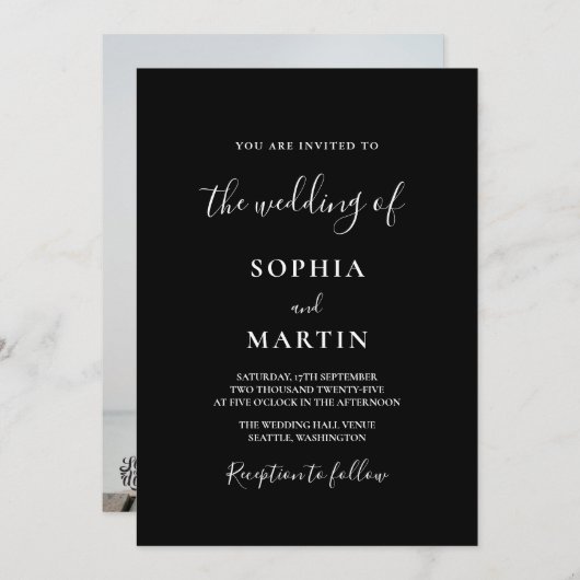 Modern Black and White Script Photo Wedding Einladung (Vorne/Hinten)