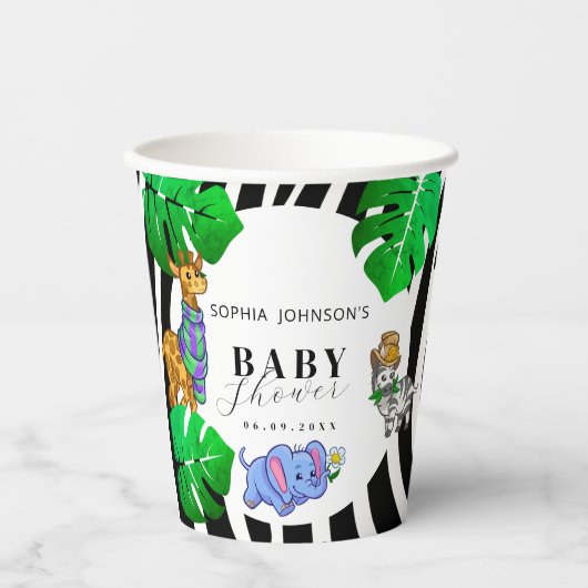 Modern Black and White Stripe Safari Baby Shower Pappbecher (Vorderseite)