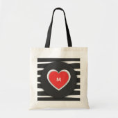 Modern Black and White Striped Red Heart Monogram Tragetasche (Vorne)