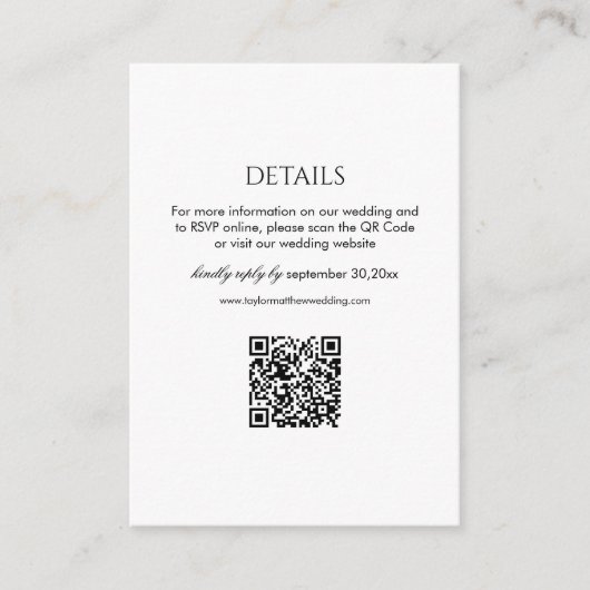 Modern Black and White Wedding Details Qr Code Begleitkarte (Vorderseite)