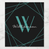 Modern Black Aquamarin Monogram Name Script Geomet Weinetikett (Einzelnes Label)