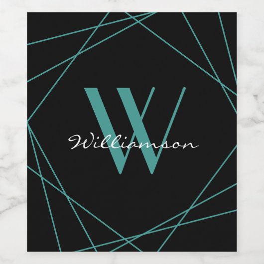 Modern Black Aquamarin Monogram Name Script Geomet Weinetikett (Einzelnes Label)