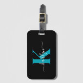 Modern Black Aquamarin Script Monogram Gepäckanhänger (Vorderseite Vertikal)