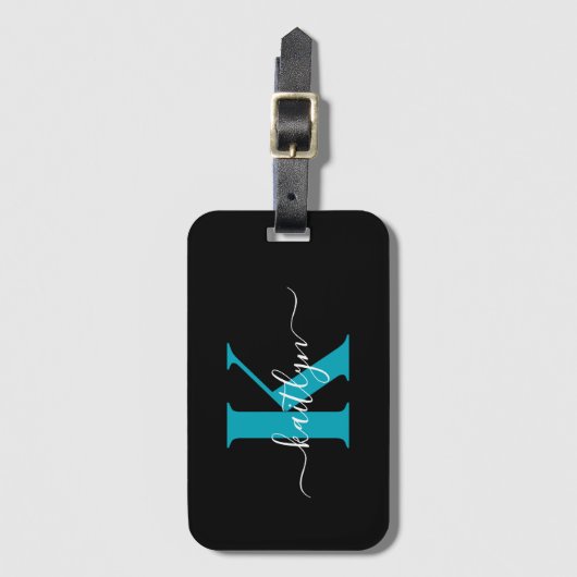 Modern Black Aquamarin Script Monogram Gepäckanhänger (Vorderseite Vertikal)