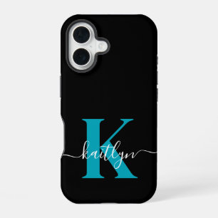Modern Black Aquamarin Script Monogram iPhone 16 Hülle
