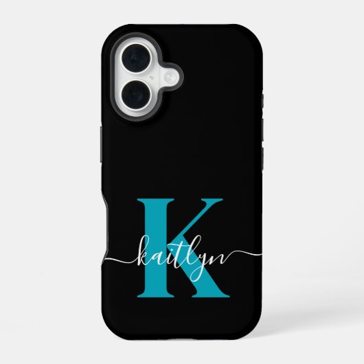 Modern Black Aquamarin Script Monogram iPhone 16 Hülle (Rückseite)
