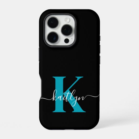 Modern Black Aquamarin Script Monogram iPhone Hülle (Rückseite)