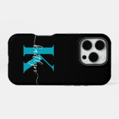 Modern Black Aquamarin Script Monogram iPhone Hülle (Rückseite (Horizontal))