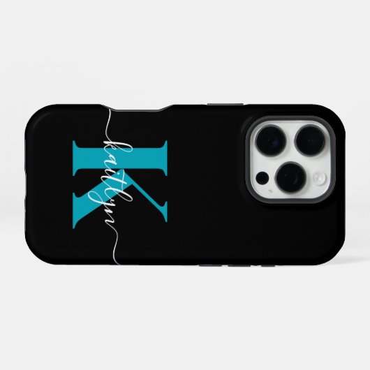 Modern Black Aquamarin Script Monogram iPhone Hülle (Rückseite (Horizontal))