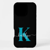 Modern Black Aquamarin Script Monogram iPhone Hülle (Rückseite)