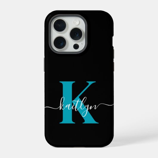 Modern Black Aquamarin Script Monogram iPhone Hülle (Rückseite)