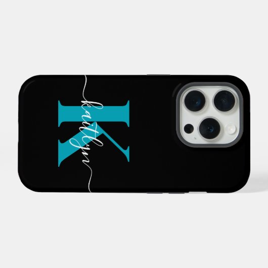 Modern Black Aquamarin Script Monogram iPhone Hülle (Rückseite (Horizontal))