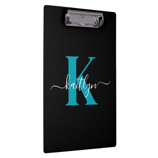 Modern Black Aquamarin Script Monogram Klemmbrett (Rechts)