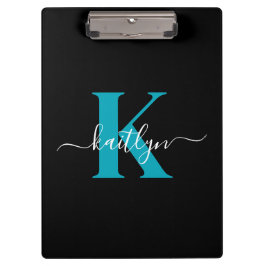 Modern Black Aquamarin Script Monogram Klemmbrett