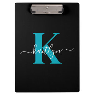 Modern Black Aquamarin Script Monogram Klemmbrett