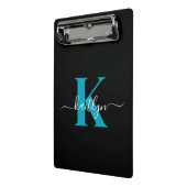 Modern Black Aquamarin Script Monogram Mini Klemmbrett (Gewinkelt2)