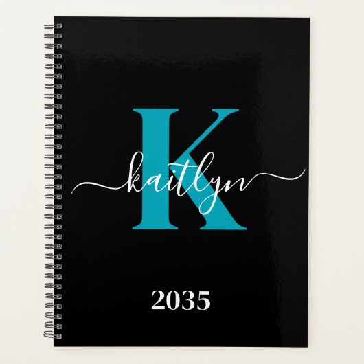 Modern Black Aquamarin Script Monogram Planer (Vorderseite)