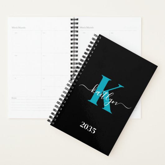 Modern Black Aquamarin Script Monogram Planer (Anzeige)