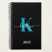 Modern Black Aquamarin Script Monogram Planer (Vorderseite)