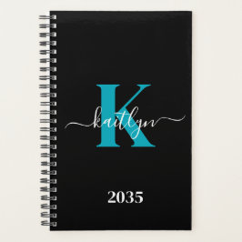 Modern Black Aquamarin Script Monogram Planer