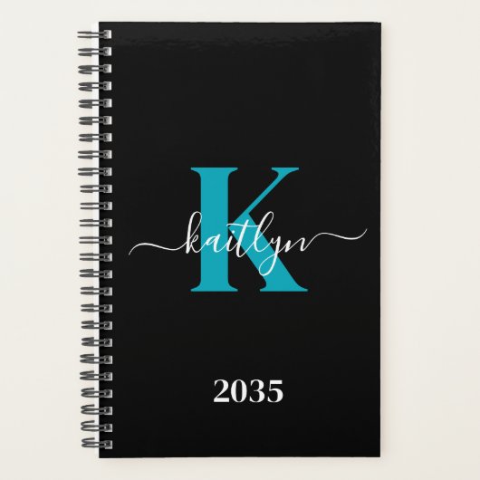 Modern Black Aquamarin Script Monogram Planer (Vorderseite)