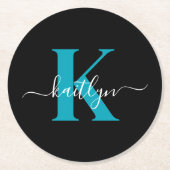 Modern Black Aquamarin Script Monogram Runder Pappuntersetzer (Vorderseite)