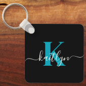 Modern Black Aquamarin Script Monogram Schlüsselanhänger (Vorderseite)