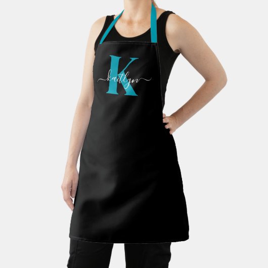 Modern Black Aquamarin Script Monogram Schürze (InSitu)