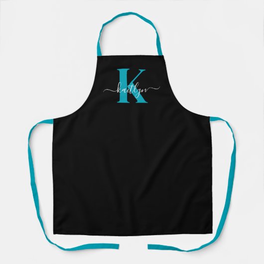 Modern Black Aquamarin Script Monogram Schürze (Vorderseite)