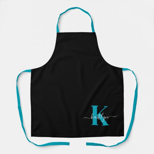 Modern Black Aquamarin Script Monogram Schürze (Vorderseite)
