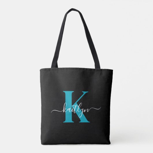 Modern Black Aquamarin Script Monogram Tasche (Rückseite)