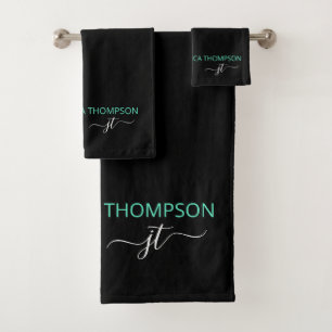 Modern Black Aquamarin Simple Script Monogram Name Badhandtuch Set