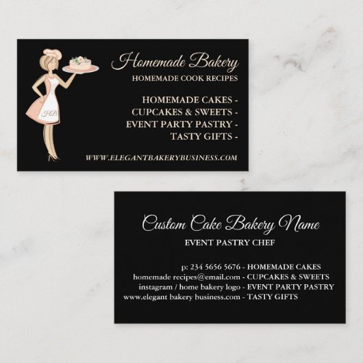 Modern Black Bakery Woman Cake Service Visitenkarte (Vorne/Hinten)