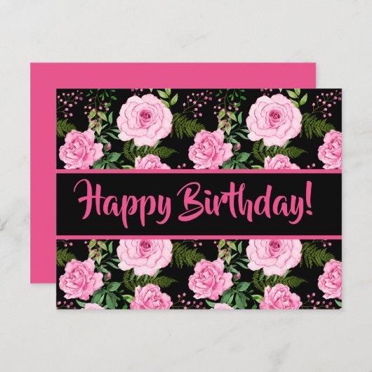 Modern Black Beautiful Pink Roses Happy Birthday (Vorne/Hinten)
