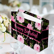 Modern Black Beautiful Pink Roses Happy Birthday