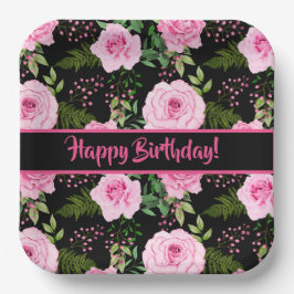 Modern Black Beautiful Pink Roses Happy Birthday Pappteller