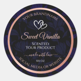 Modern Black Blue Floral Product Labels Rose Gold Runder Aufkleber