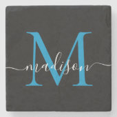 Modern Black Blue Monogram Feminine Script Name Steinuntersetzer (Vorderseite)